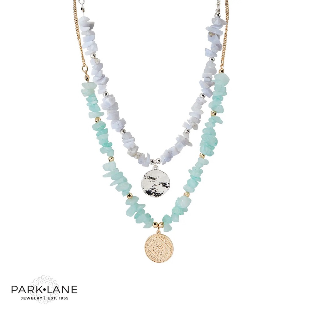 Park Lane 💚 SIERRA Necklace Gold and Silver Layered Agate Aqua Blue